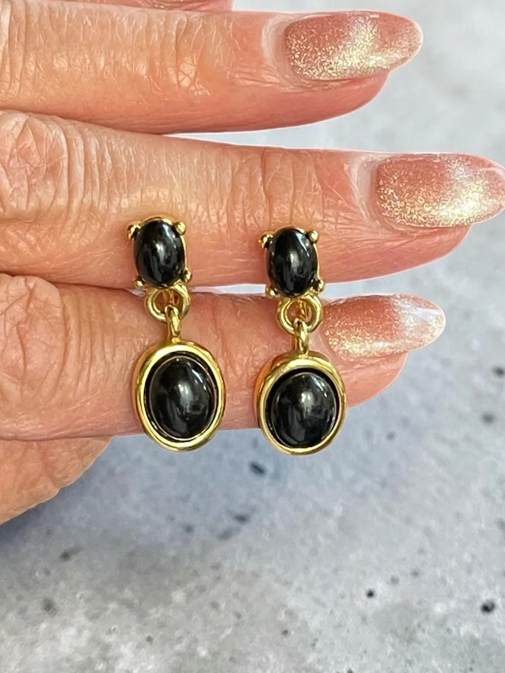Black Cabochon Gold Tone Double Drop Clip-On Earrings